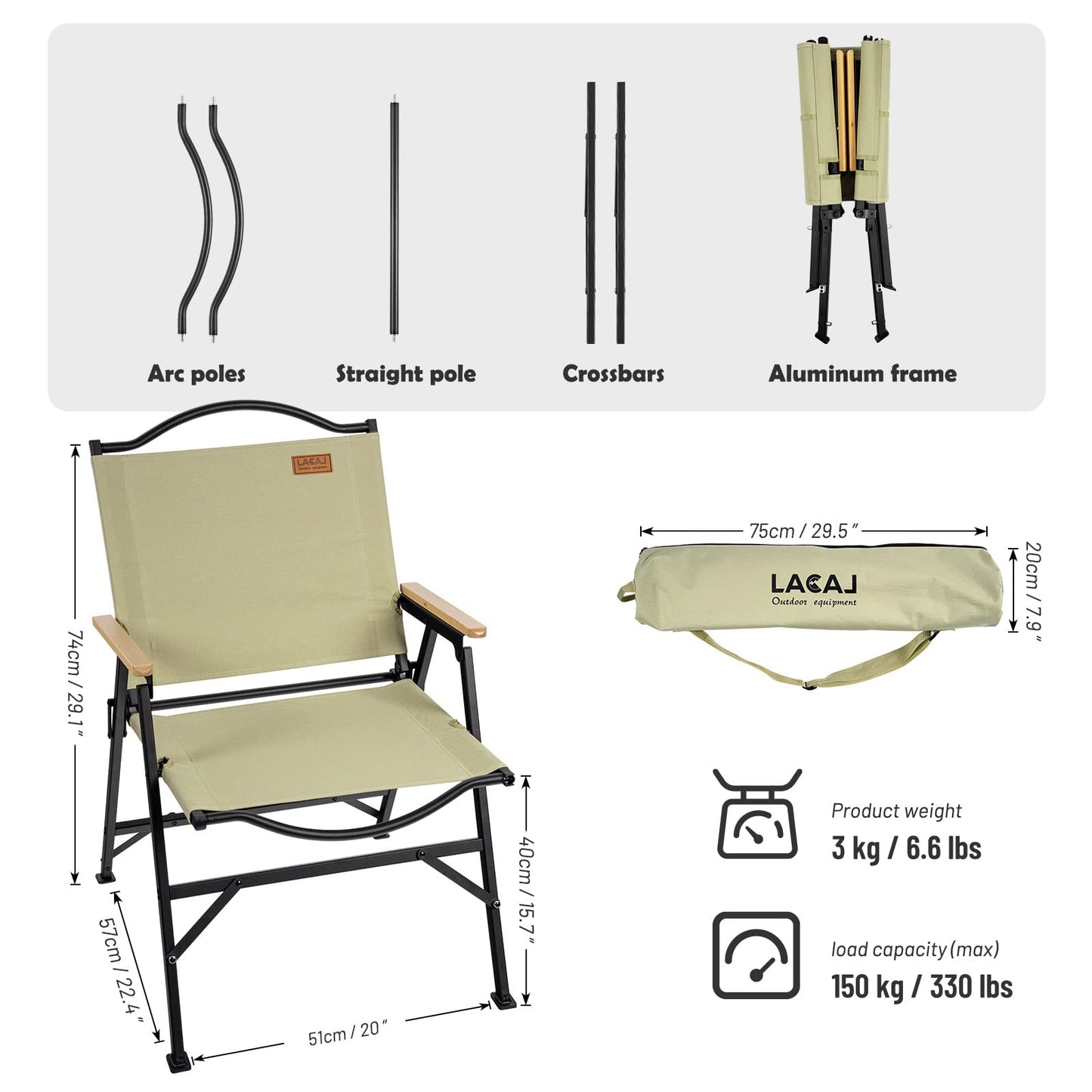 G2 GO2GETHER Folding Camping Chair for Adults Outside, Heavy Duty Aluminum Alloy Frame with Armrest, Comfortable Ripstop Oxford Cloth, Easy for Camping, Hiking, Picnic, Party(Beige L Size)