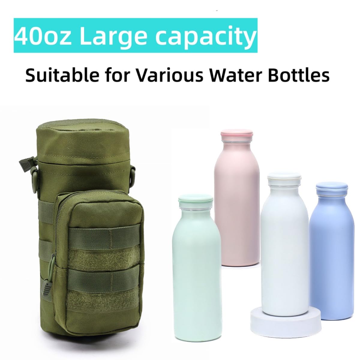 Molle Water Bottle Carrier Bag, Bottle Pouch Holder, Adjustable Shoulder Hand Strap Sling Neoprene Sleeve Sports Water Bottle Accessories for Hiking Travelling Camping