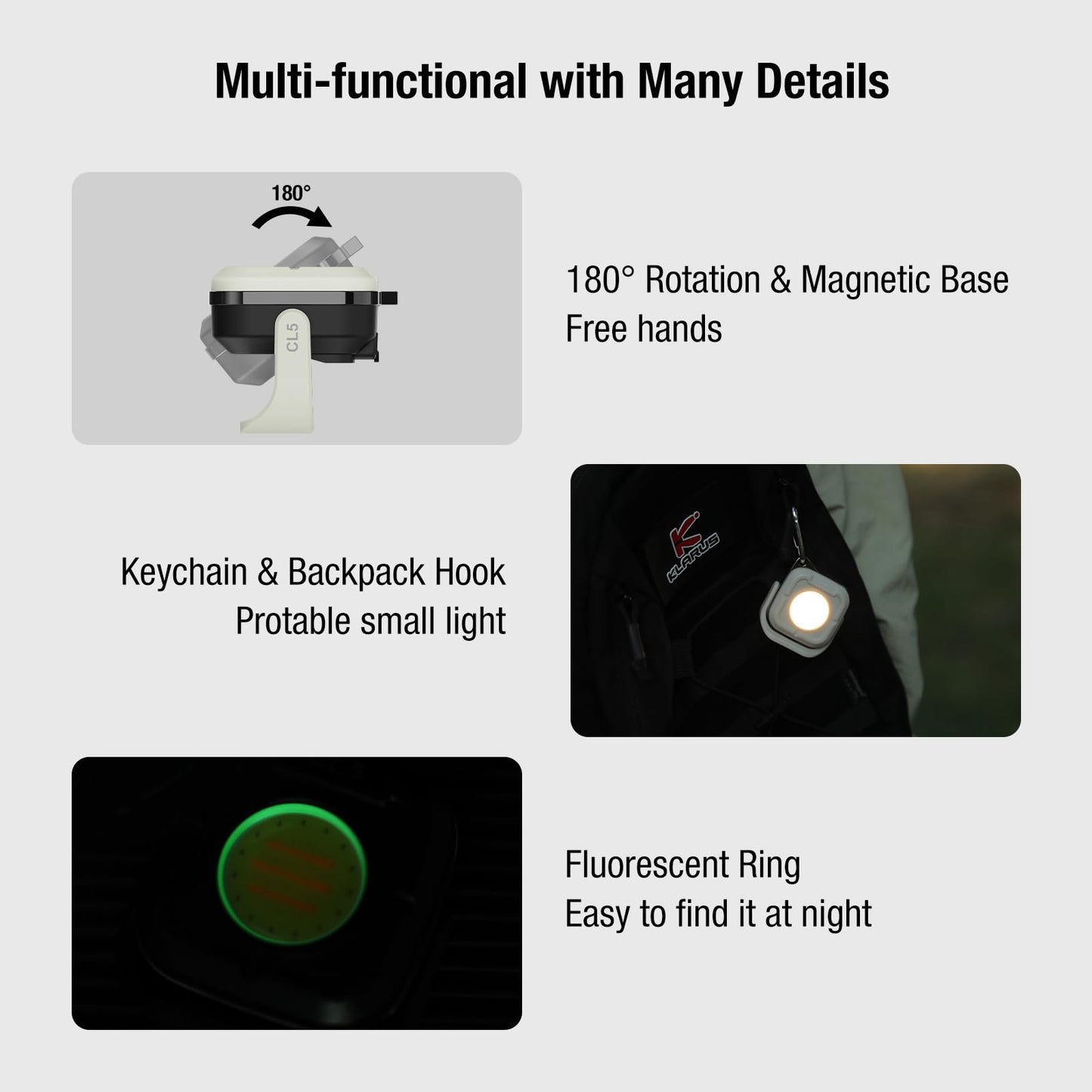 Klarus CL5 Small Work Light Powerful Magnetic Flashlight - 650lm Bright, 4 Color Temperatures (2700K-6500K) & USB-C Rechargeable, 180° Rotatable, IPX5 Waterproof, Portable LED Pocket Light