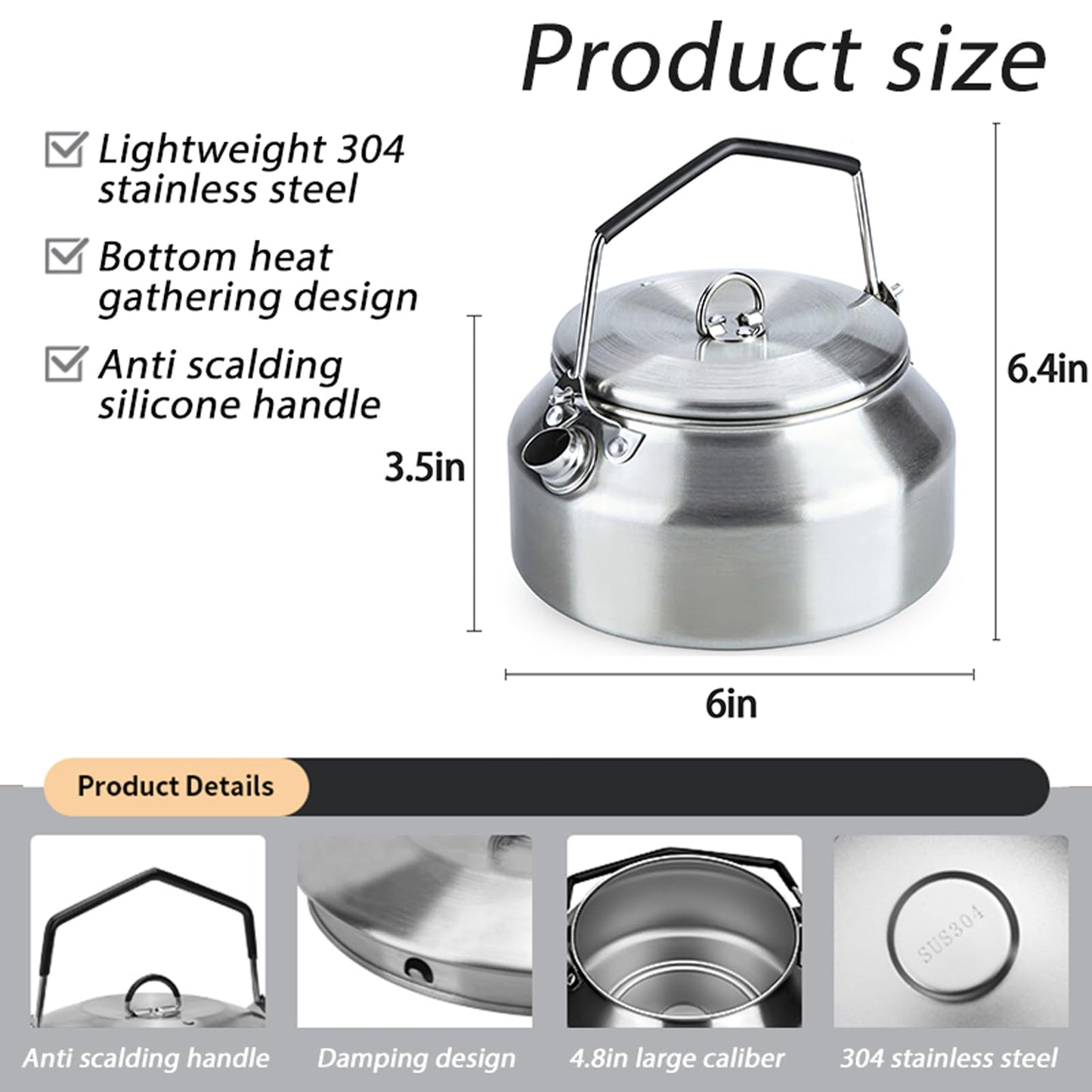 VEADOOLLY Camping Kettle Outdoor Campfire Camp Kettle, 1L Stainless Steel camping tea kettle Coffee Pot, Portable Lightweight Teapot Fast Heating Boiling Water, Ideal for Hiking Picnic Travel, Silver