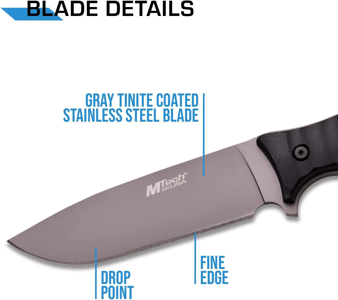 MTech USA – Fixed Blade Knife – Grey TiNite Coated Stainless Steel Blade with Black Nylon Fiber Handle, Full Tang, Includes Black Nylon Sheath - Hunting, Camping, Survival, Tactical, EDC – MT-20-70C