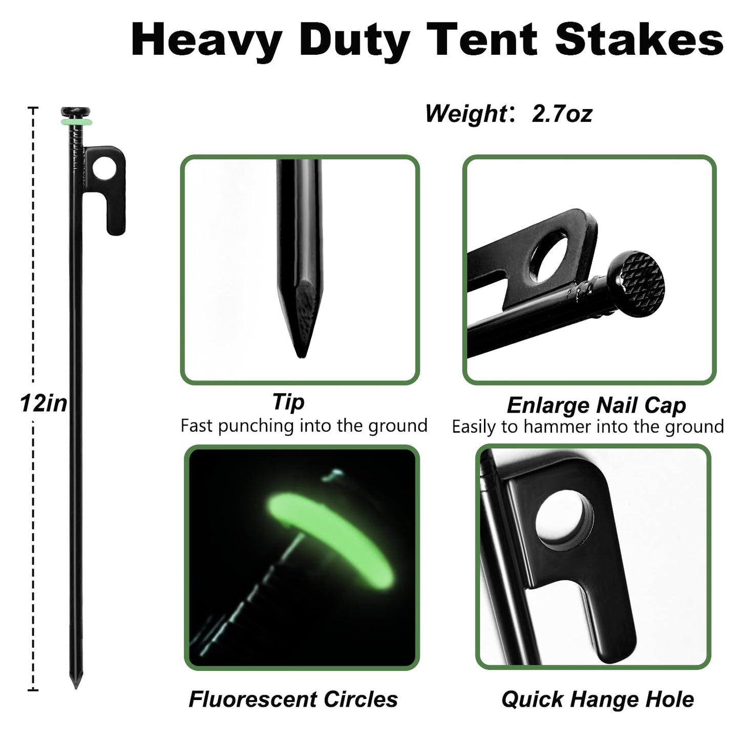 24Pcs Tent Stakes, 12in Heavy Duty Tent Stakes with Storage Pouch, Forged Steel Metal Stake for Tent Used on Rocky Place, Grassland, Dessert(24Pcs, 12in, Diameter 1/4")