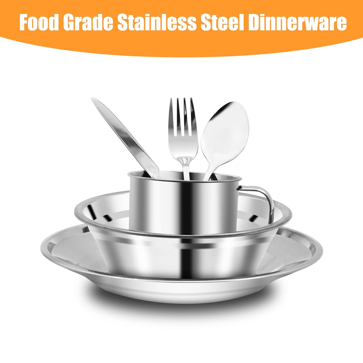 29pcs Stainless Steel Utensils Camping Tableware Kit with Bowls Plates Cups Forks Spoons and Knives for 4, Reusable Camping Flatware