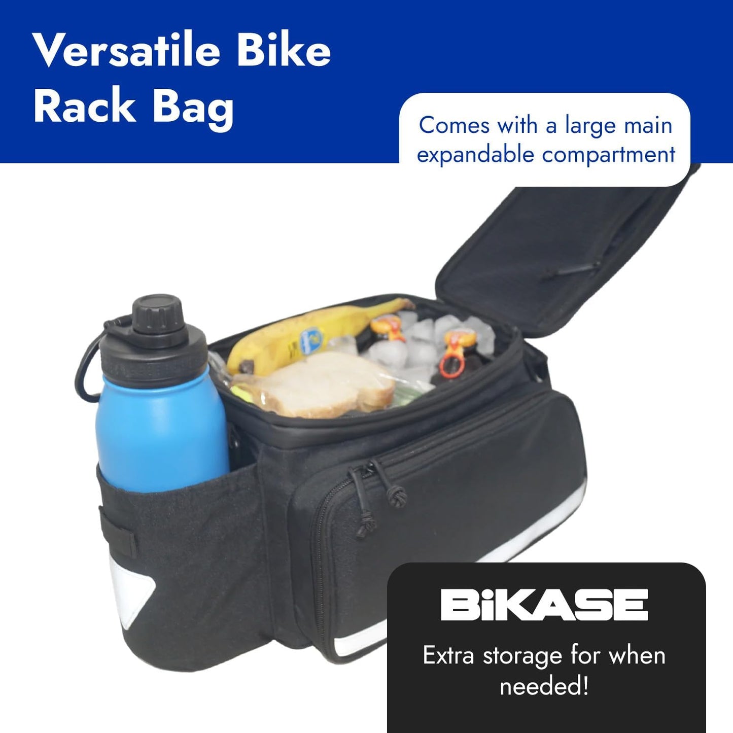 BiKase Big Momma Bike Trunk Bag - Universal Fit Medium Rear Rack Bag with Side Pockets, Top Bungee, Mesh Pocket, Key Holder & Reflective Accents - Spacious Bicycle Rack Bag for Ebikes & Bicycles