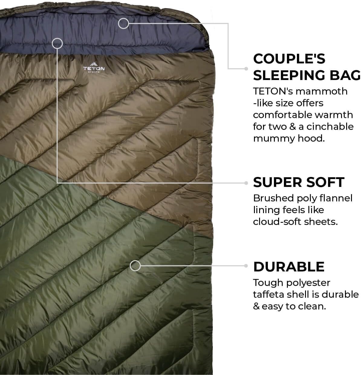 Teton Mammoth Queen Size Double Sleeping Bag- A Warm Bag The Whole Family can Enjoy – Great for Camping, Hunting and Base Camp. Compression Sack Included