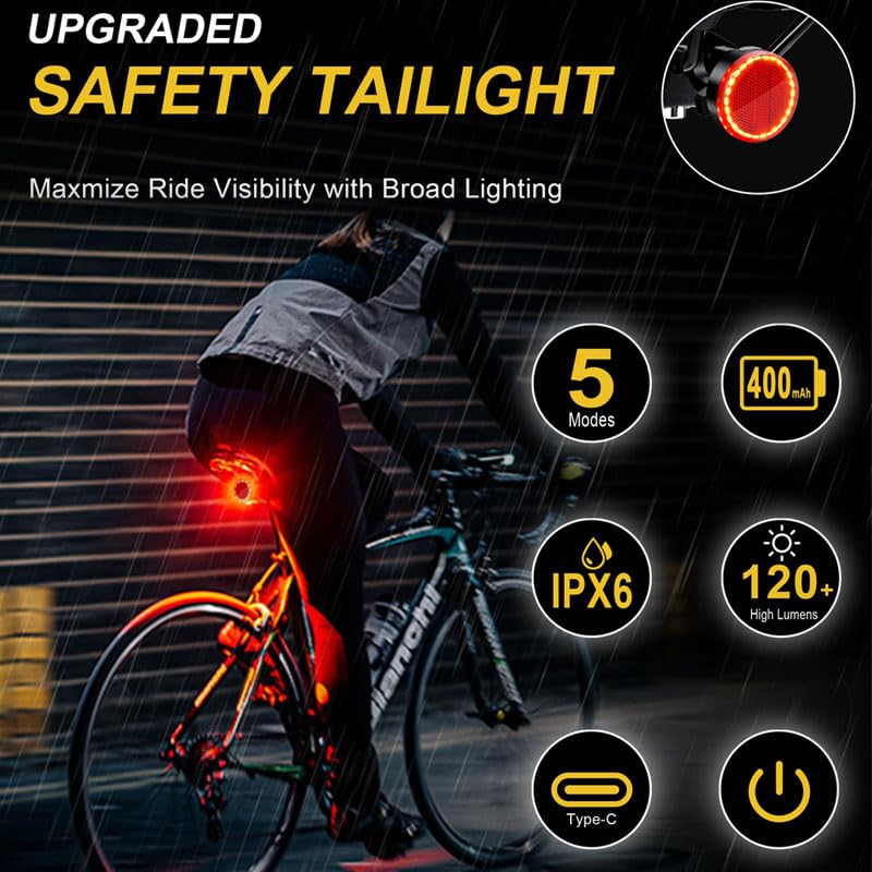 2025 New Brake Sensing Bike Tail Light, Ultra Bright IPX6 Waterproof Bicycle Rear Cycling Safety Flashlight Type C USB Rechargeable, 5 Light Modes for Adults Kids Men Women Road Mountain Accessories