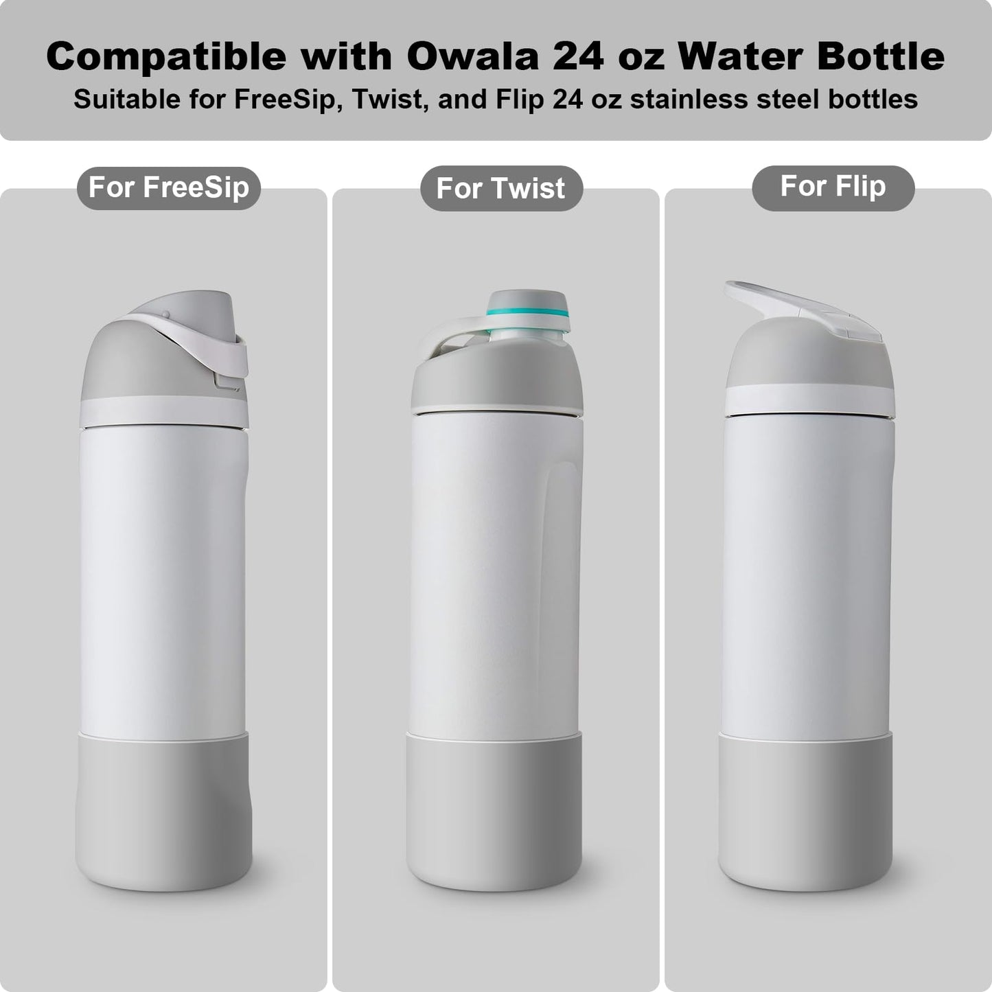 Alwenid 2PCS Silicone Water Bottle Boot for Owala 24 Oz, Anti-Slip Protective Sleeve Bottom Bumper Protector for FreeSip, Twist, and Flip Stainless Steel Water Bottles (Milky Gray)