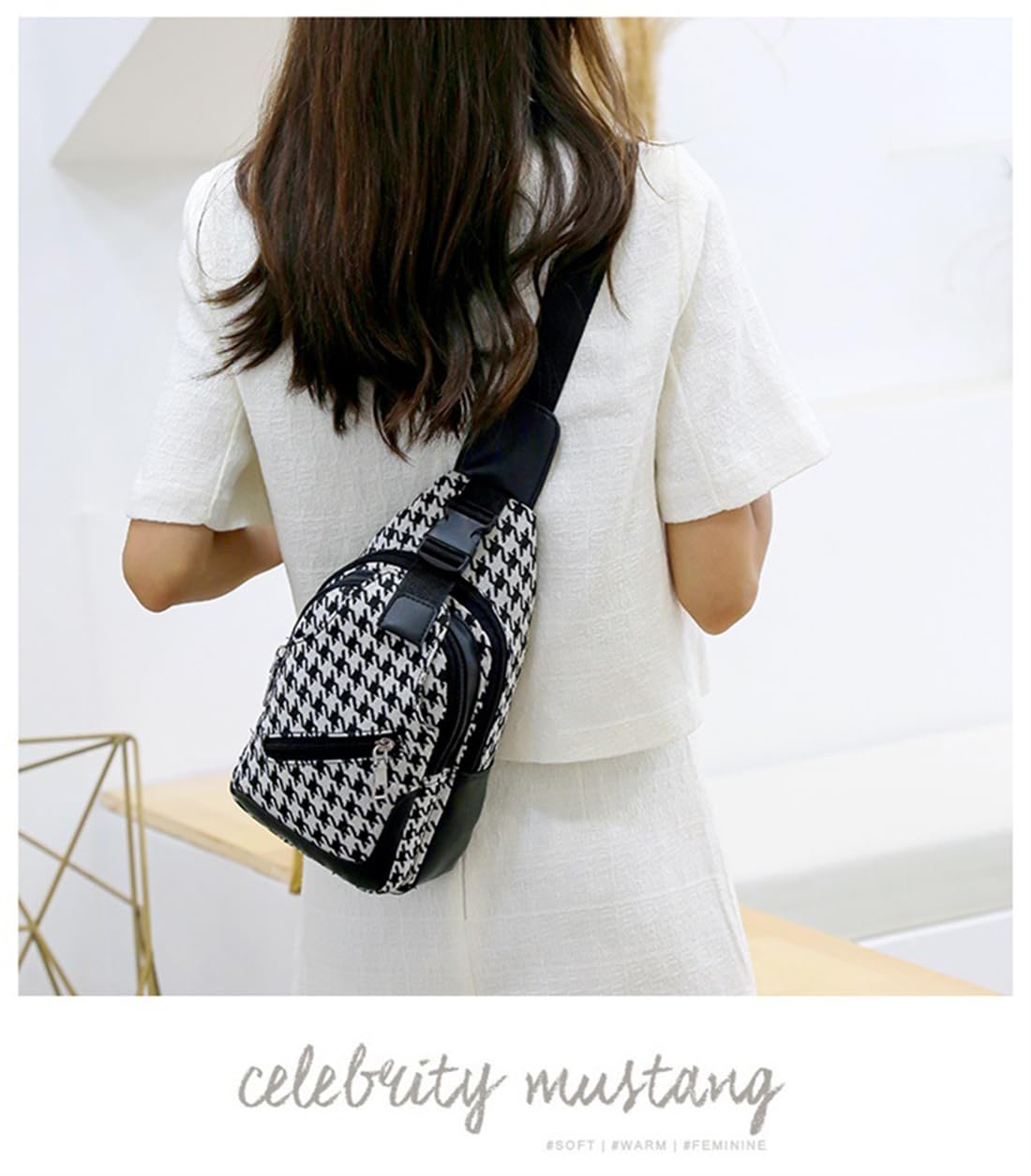 DAISHA Houndstooth Canvas Shoulder Casual Sling Bag Backpack Multi-pocket,Chest Bag Crossbody Daypack for Men Women. (Black)