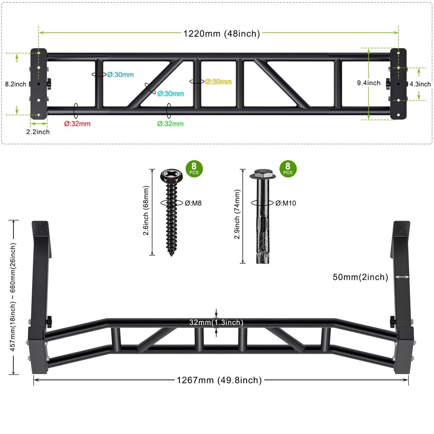 Kipika 48" Ceiling Mounted Pull Up Bar, Heavy Duty Multi-Grip Chin Up Bar,Mounted Pull Up Bar,Height Adjustable, Ideal for Home Gym and Strength Training
