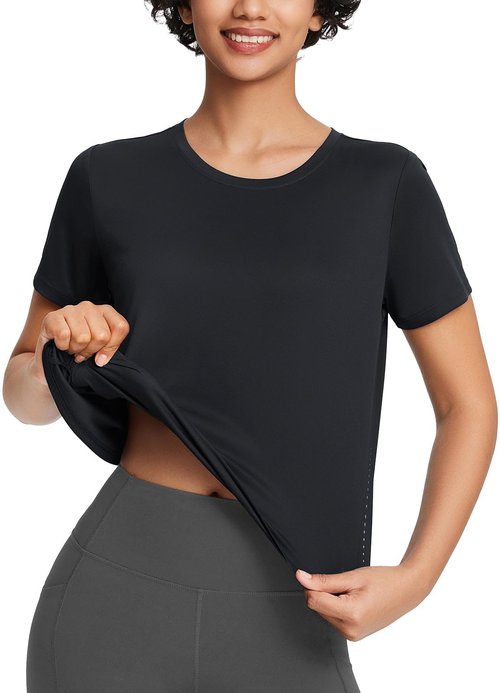 baleaf Women's Workout Tops Athletic Shirts Cropped Short Sleeve Split Back Running Gym Quick Dry Sun Protection UPF 50+ Black M