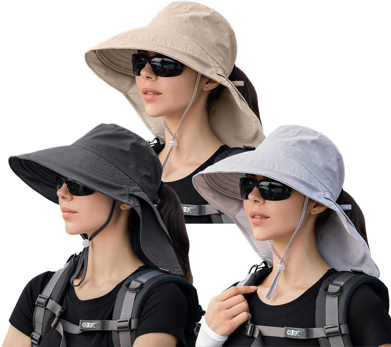 3 Pack Womens Ponytail Sun Hat with Neck Flap Wide Brim UV Protection Bucket Hat Summer Beach Fishing Hiking Garden UPF 50+ (3 Pack-Dark Grey&Light Grey&Beige)