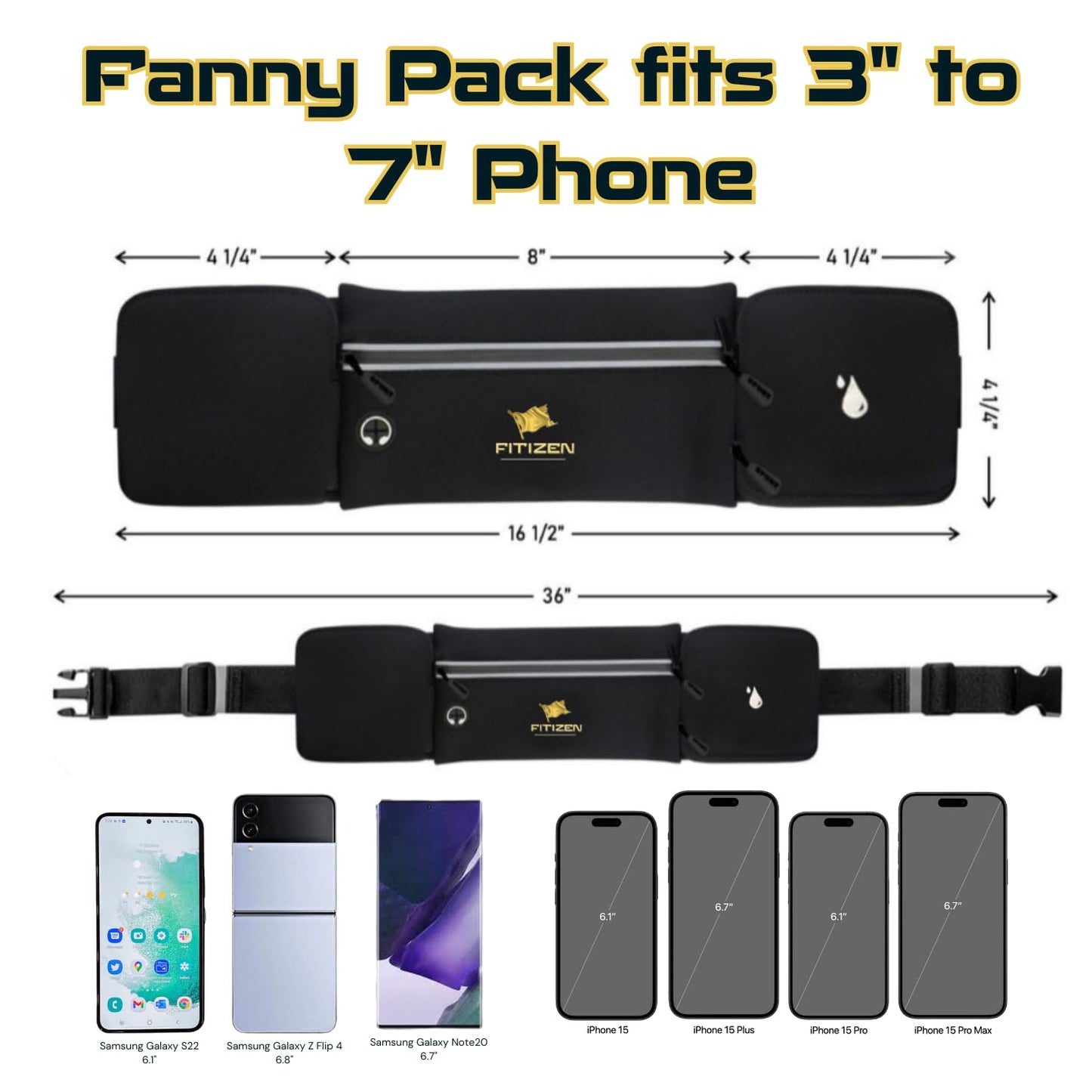 Fitizen Fanny Pack - 3 Pockets - Up To 36 In Waist - Slim Walking Belt For Men & Women Hiking Cycling Workouts Running & Travel - Reflective Pocket & Phone Belt Holder for the Fit Citizen By Fitnation