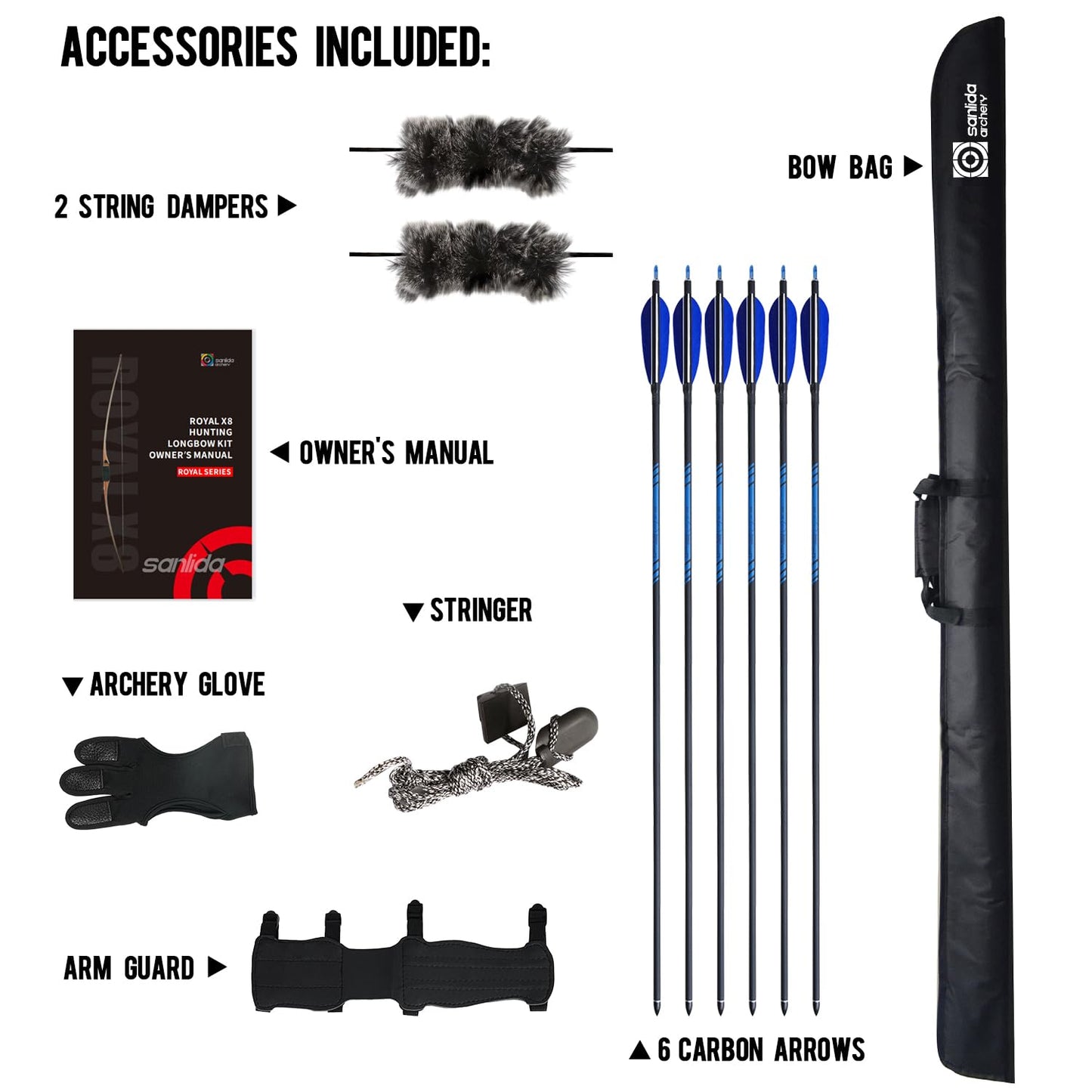 Sanlida Archery 68” Royal X8 Longbow Traditional Wooden Hunting Bow Handmade Hunting Bow and Arrows kit for Adults & Traditional Archers, RH Only (50lbs, Right Hand)