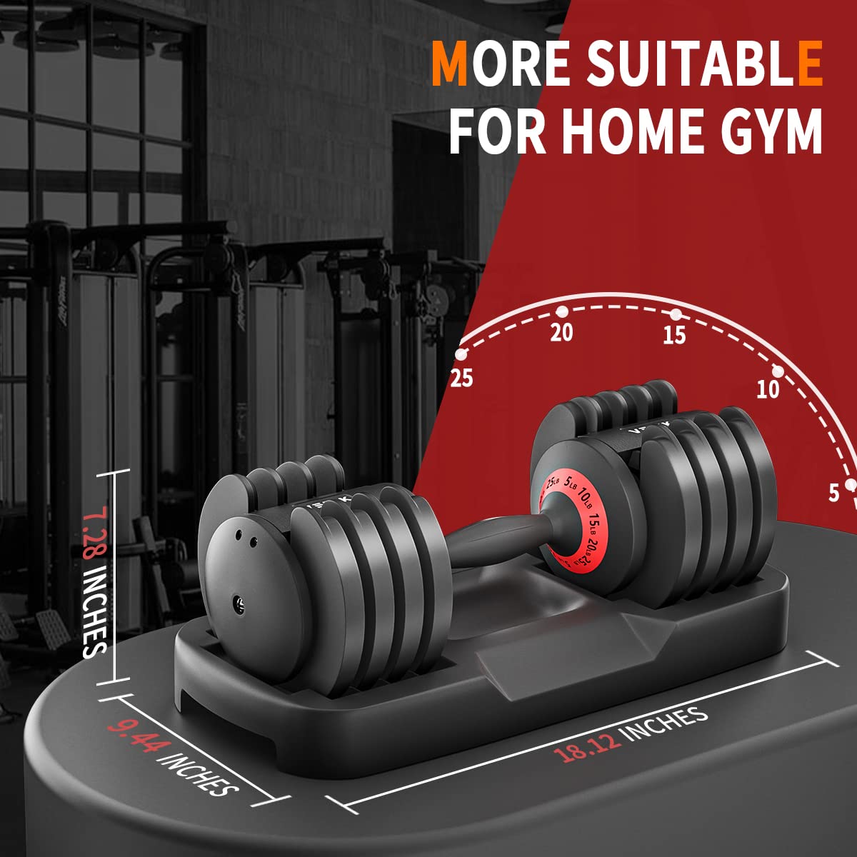 VEICK 25 lbs Adjustable Dumbbell, Fast Adjust Weight with Anti-Slip Turning Handle for Men Women, Exercise Equipment with Tray for Home Gym Full Body Workout Fitness