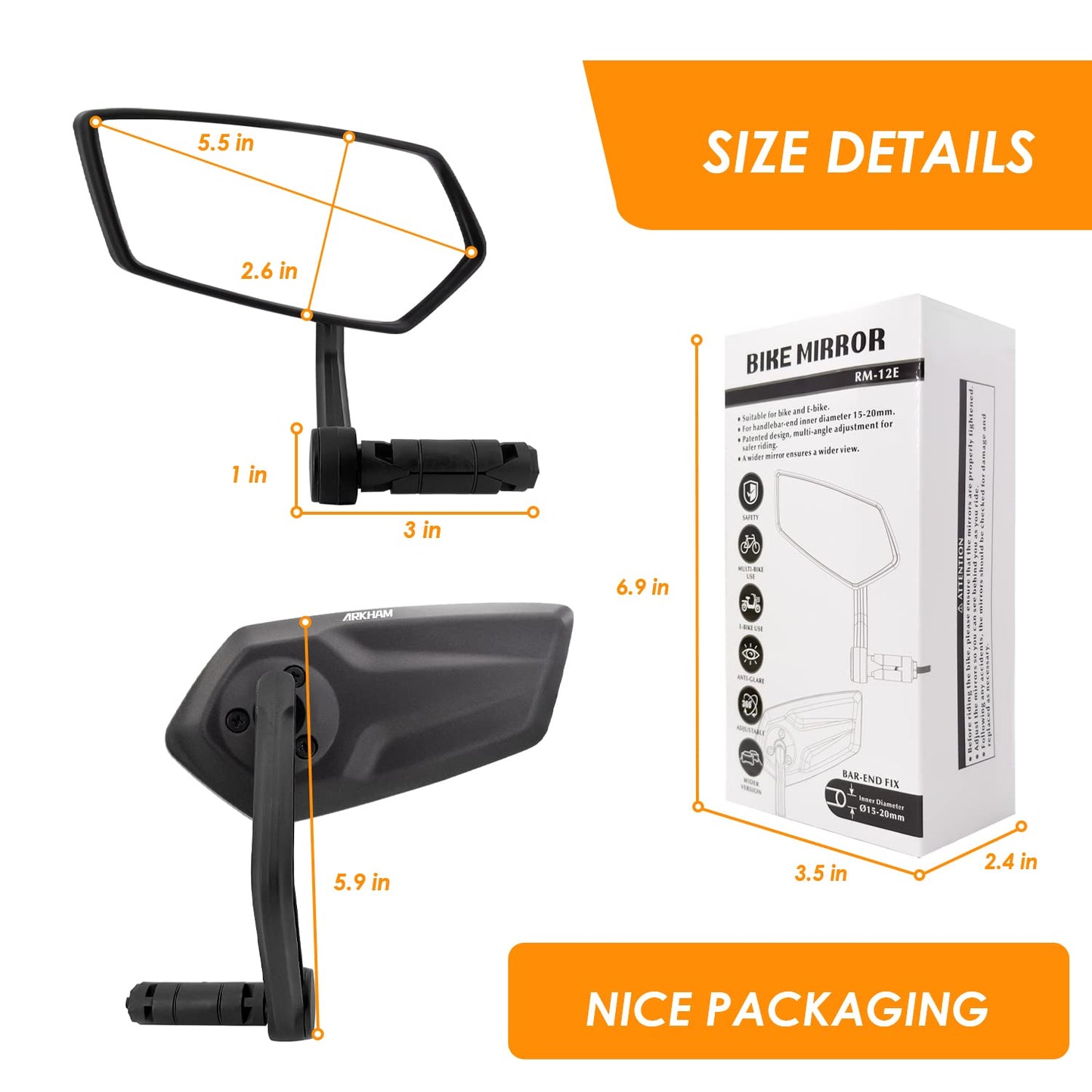 Arkham Bike Mirror for 0.59-0.65" Diameter Handlebar HD Bar End Bicycle Mirror Thickened Auto-Grade Glass for Handlebar Rearview Mirror Essential Bike Tool for Bicyclists E-Bike (Left)