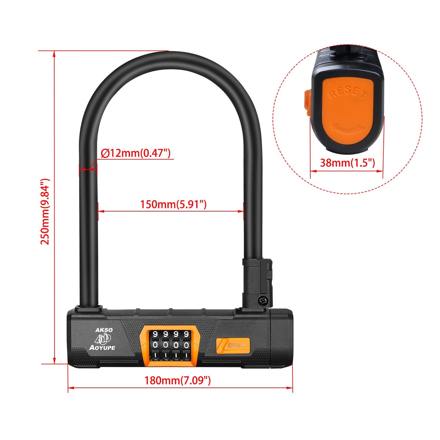 Akso Aoyupe Black Silicone 4-Digit Resettable Combination Heavy Duty Anti-Theft Locks,Keyless Lock for Outdoor,U-Lock with Sturdy Mounting Bracket,for Motorcycle, Ebikes(1 Set)
