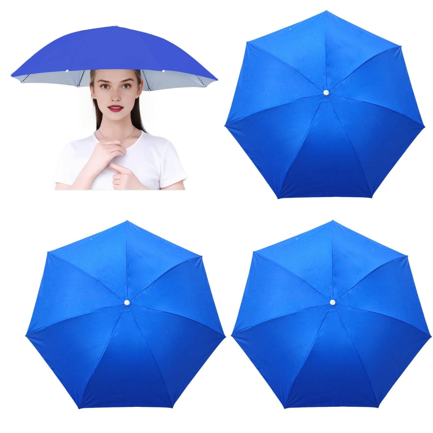 3 Pack Umbrella Hat, Sports Head Umbrella Hats for Adult Women, 26" Diameter Folding Waterproof Rainbow Fishing Headwear for Outdoor Party Beach Hiking (Royalblue)