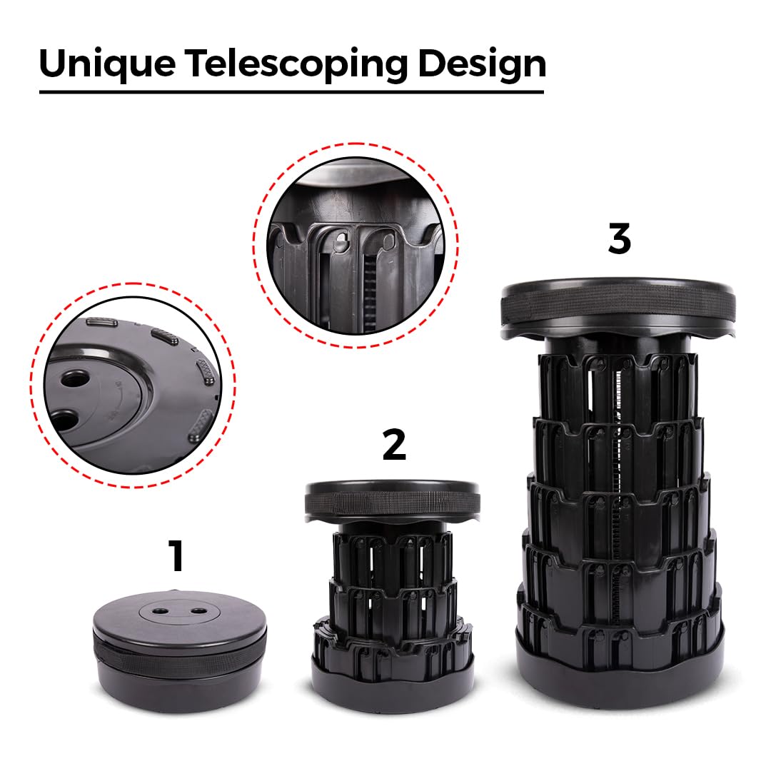 Upgraded Collapsible Stool β Easy to Carry retractable Stool - Lightweight telescoping stool for Camping & BBQ βSturdy Portable Stool - Slip Resistant Telescopic Stool with Max Load Capacity 1000lbs