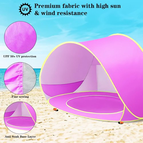 Baby Beach Tent, Baby Pool Tent, Pop Up Beach Tent Sun Shade for Beach, Portable Baby Travel Tent with Mini Pool, Indoor Outdoor Baby Play Tent, UPF 50+ UV Protection Sun Shelters (Pink)
