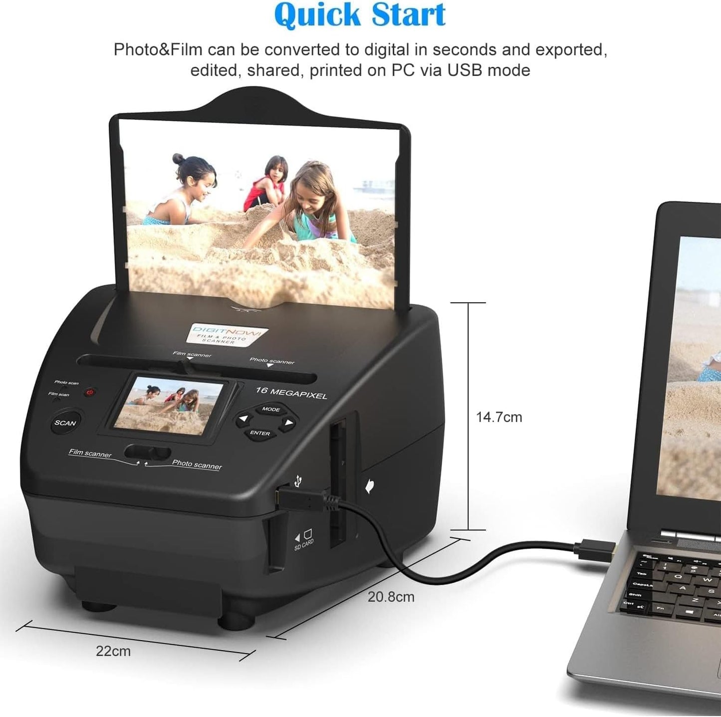 High Resolution Film Scanner with 2.4 LCD Screen - Scan 35mm Slides/Negatives/Photos/Business Cards to Digital JPEG/PDF - Fast 5s Scan Speed - Free 4GB SD Card & Adapter - PC/Mac Compatible - Grey