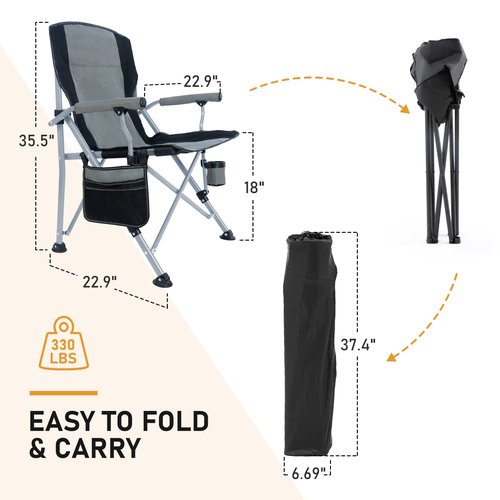 Homcosan Portable Camping Chair Folding Quad Outdoor Large Heavy Duty Support 330 lbs Thicken 600D Oxford with Padded Armrests, Storage Bag, Beverage Holder, Carry Bag for Outside(Grey, 2Pack)