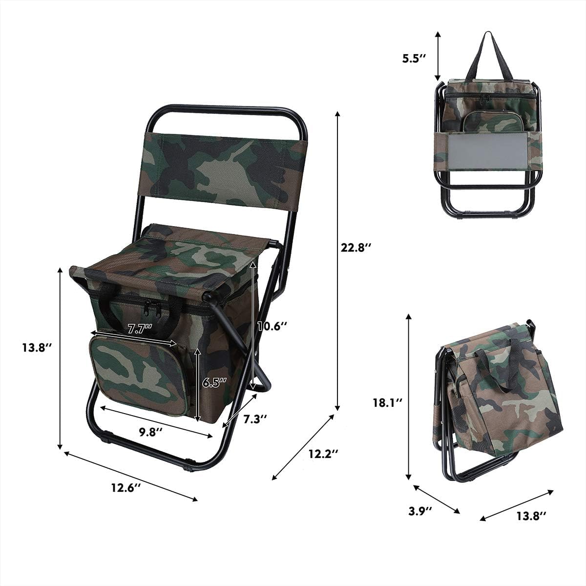 LEADALLWAY Fishing Chair with Rod Holder and Cooler Bag, Camouflage, Portable, Outdoor, 2.9 lbs, 280 lbs Capacity, Steel Frame, Oxford Fabric, Anti-Slip Feet, Adjustable Shoulder Strap