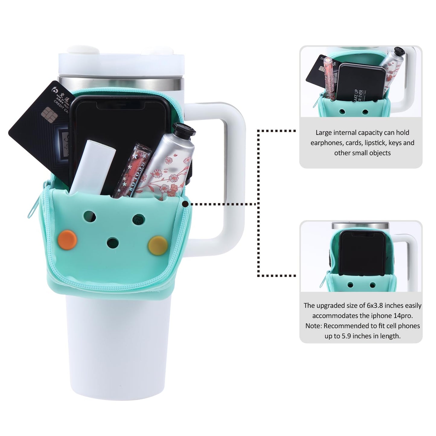 HCVUINL Silicone Water Bottle Pouch with 5 Charms, Handheld Caddy for Quencher Adventure 40oz & Stanley IceFlow 20oz 30oz, Tumbler Pouch Sports Gym Bottle Accessories, Green