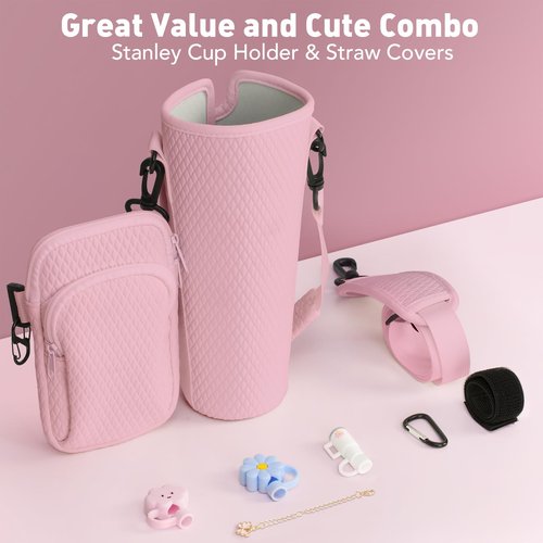 Stanley Cup Accessories, Include 3Pcs Straw Covers & Butterfly Chain & Stanley Cup Holder, 3D Embossing Neoprene 40 Oz Stanley Cup Carrier with Strap, Water Bottle Carrier Bag with Phone Pocket