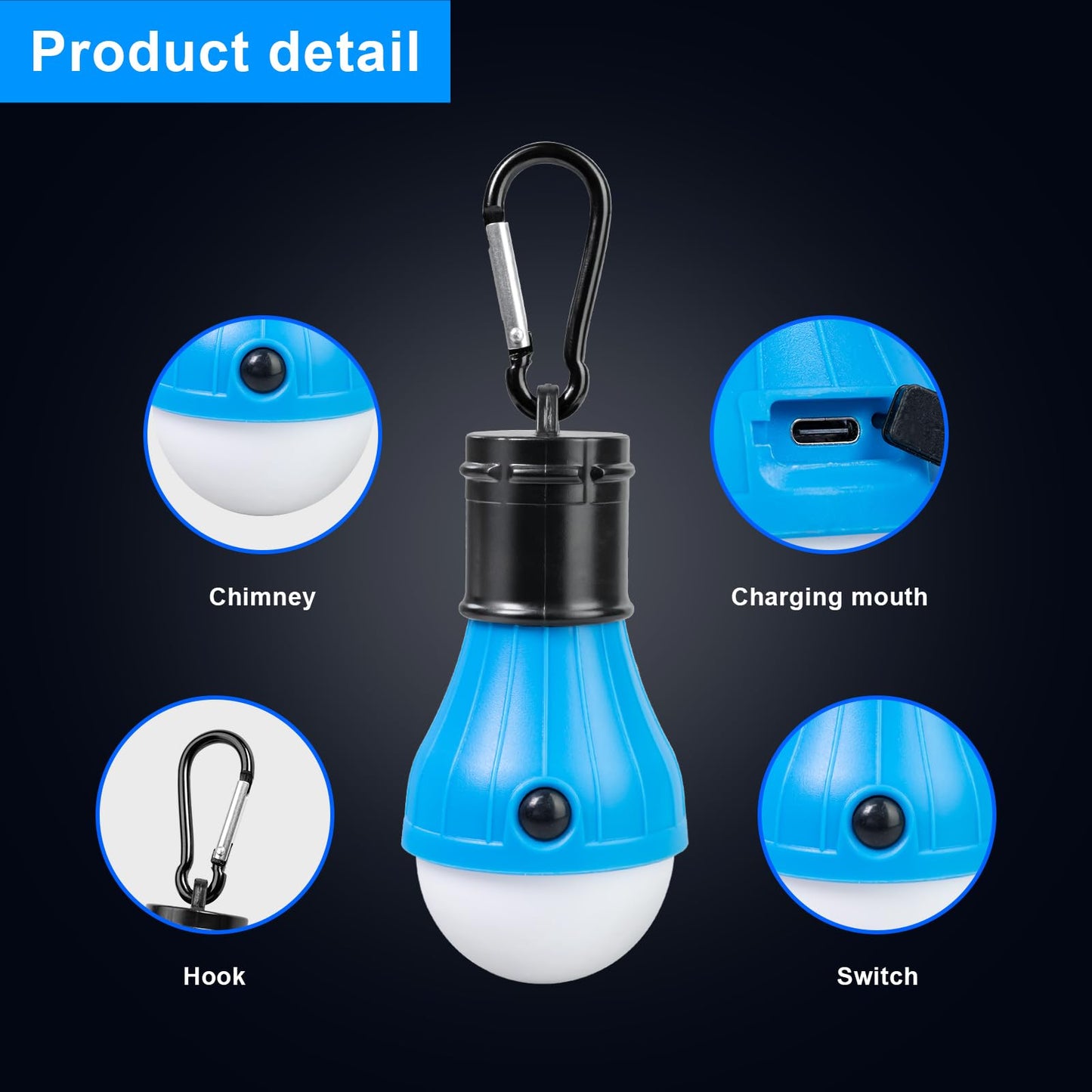 Jarxin Led Camping Lantern USB Rechargeable,Outdoor Tent Lights for Camping Hanging,Kids with Clip Hook Camping Flashlight (4 Packs Black)