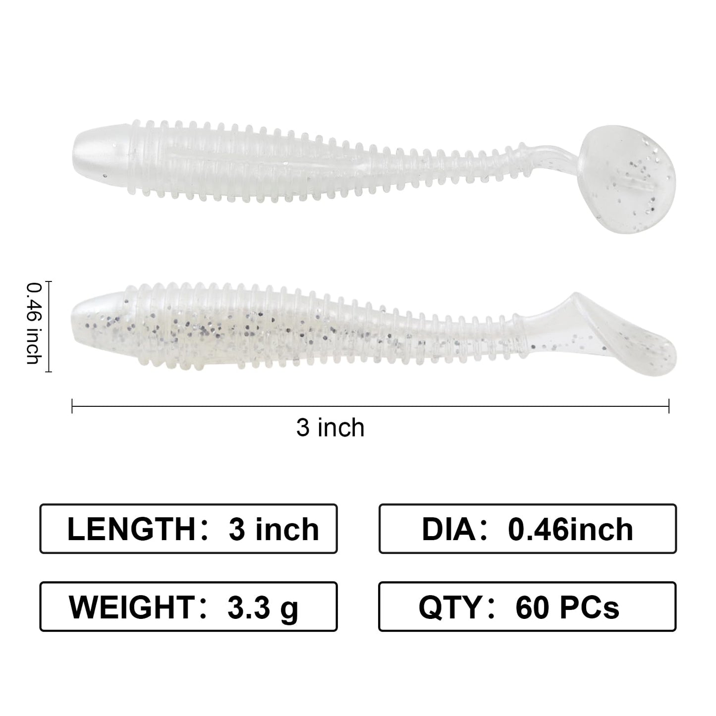Little Soft Plastic Swimbaits, 75/60 PCs, 2.5"/3" Full Solid Body Paddle Tail Lures with Dia 0.44"/0.46", CWSDXM Fishing Baits, Thin Rib Shad for Trout Crappie Bass, Swimmers(3", White)