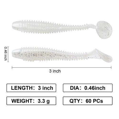 Little Soft Plastic Swimbaits, 75/60 PCs, 2.5"/3" Full Solid Body Paddle Tail Lures with Dia 0.44"/0.46", CWSDXM Fishing Baits, Thin Rib Shad for Trout Crappie Bass, Swimmers(3", White)