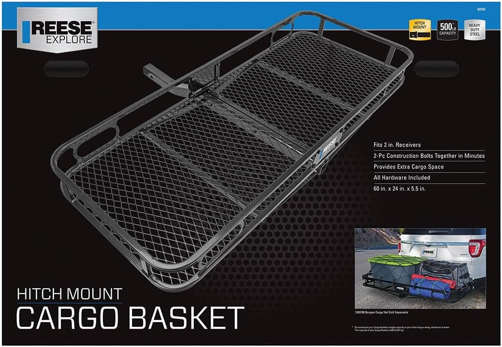 REESE Explore 63153 Rambler Hitch Mount Cargo Carrier, 60 X 24 Inches, Fits 2 Inch Receivers, 500 lbs. Capacity