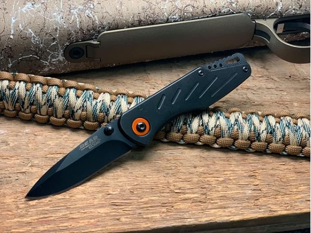 Bear Edge 3-3/8 in. Framelock Folding Knife, 440 High Carbon Stainless Steel Blade, Black Steel Handles, Assisted Opening and Pocket/Boot Clip (61104)