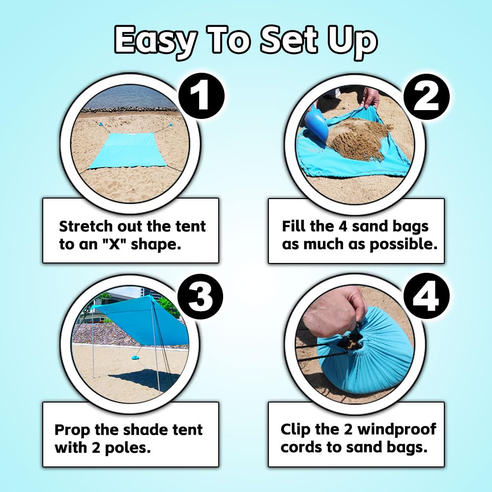 EasierHike Beach Shade Tent, 7 × 7.15 Ft Portable Easy Pop Up Beach Canopy, UPF50+ Sun Protection Shelter, Windproof & Water Resistant, Stable with 4 Sandbags & Windproof Cords, Perfect for Family