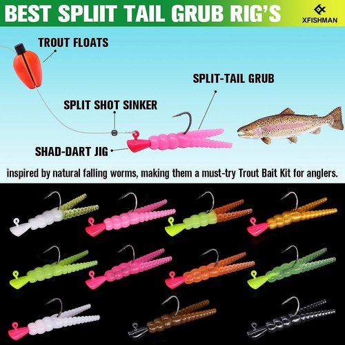 XFISHMAN-Trout-Fishing-Lure-Kit 165-Piece Creek & River Fishing Set with Split Tail Grub Worms, Shad Dart Jig Heads, Floats & Sinkers Ideal for Seasonal Trout Crappie Panfish