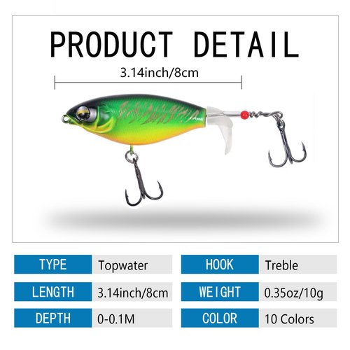 RTGSE 10PCS Top Water Fishing Lures Whopper Fishing Lure for Bass, Popper Fishing Lures with Floating Rotating Tail One Luminous Saltwater and Freshwater Plopping Lures for Bass