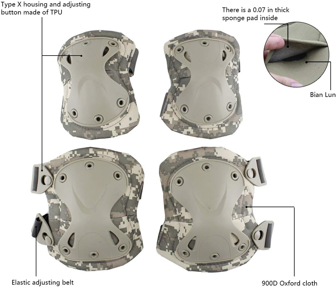 AOUTACC Tactical Combat Knee & Elbow Protective Pads Set for Outdoor CS Paintball Game Cycling Safety Skateboarding Gear Skates Knee Protection Guard Pads