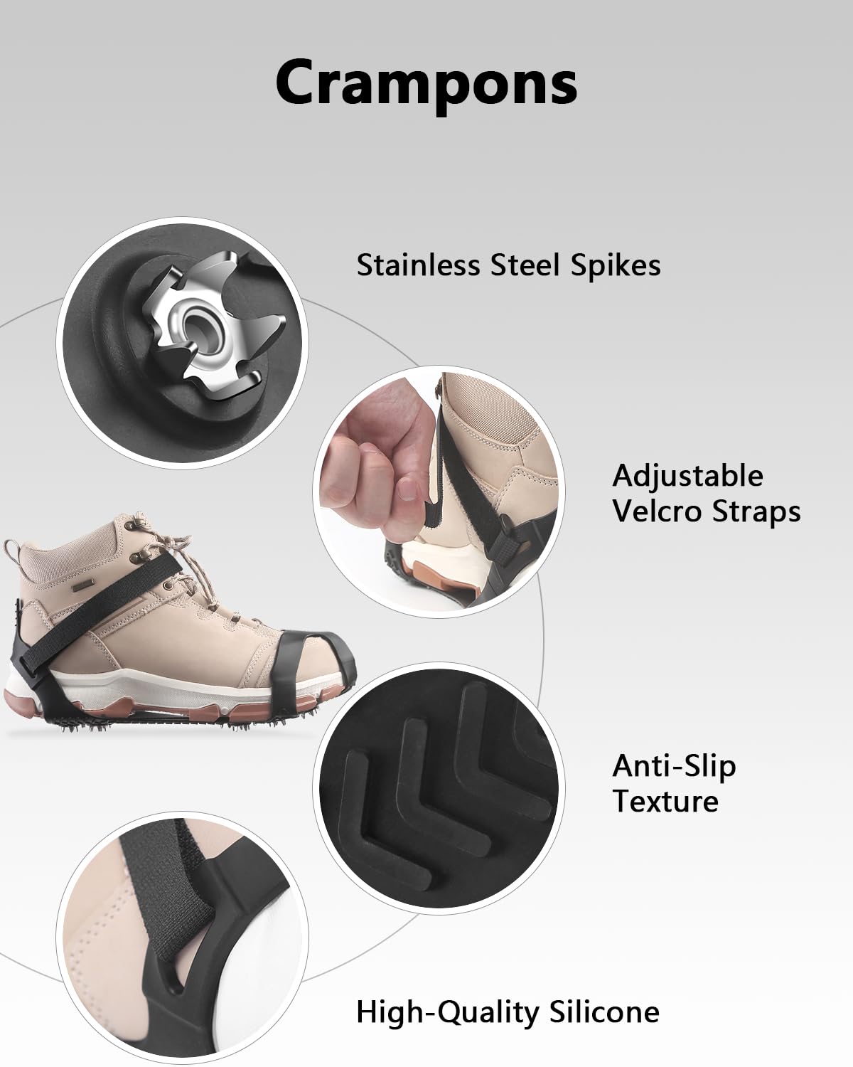 Ice Grippers for Shoes and Boots, Ice Cleats Anti Slip Traction Grips Fasten Over Footwear, Protable Snow Crampons for Hiking Climbing Walking, Medium, Black