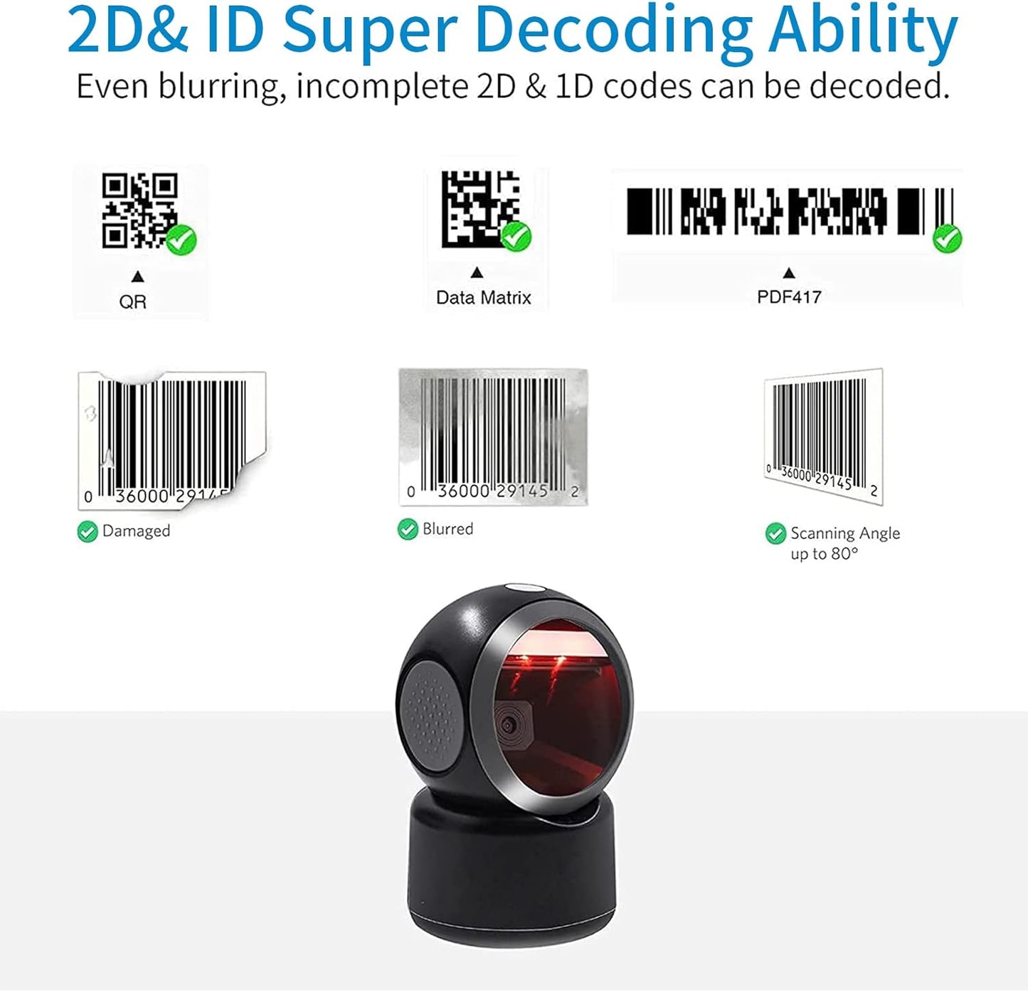 2D QR Hands-Free Barcode Scanner Omnidirectional Automatic Sensing Scanning USB Barcode Reader Adjustable Screen Scanning Platform Scanner for POS PC Supermarket Bookstore