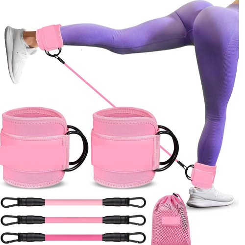 Flexi Muscles Resistance Bands with Ankle Cuffs for Leg, Glute, and Hip Workouts - Perfect for Kickbacks, Strength Training, and Home Gym Exercises - Fitness Bands for Women(Pink)