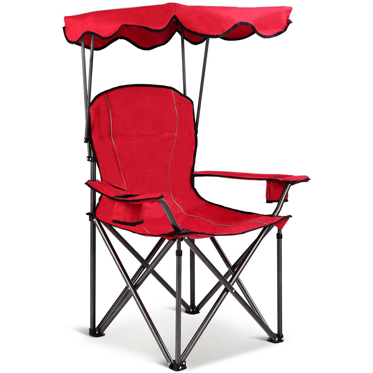 COSTWAY Portable Camping Chair with Canopy, Outdoor Lawn Chair with Shade, Carry Bag, Cup Holder, for Travel, Picnic, Beach (Red)