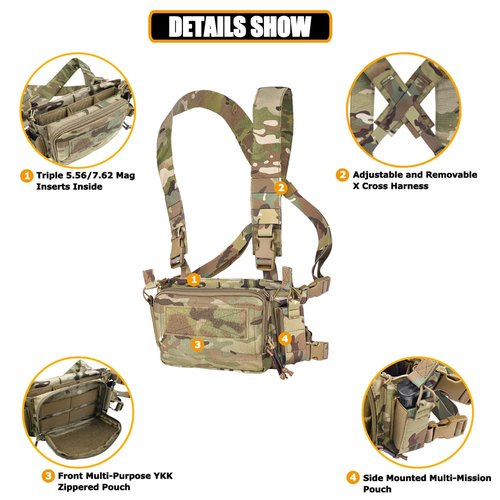 KRYDEX Tactical Chest Rig with Triple 5.56/7.62 Mag Pouch Insert 9mm Mag Pouches and X Harness (MC)