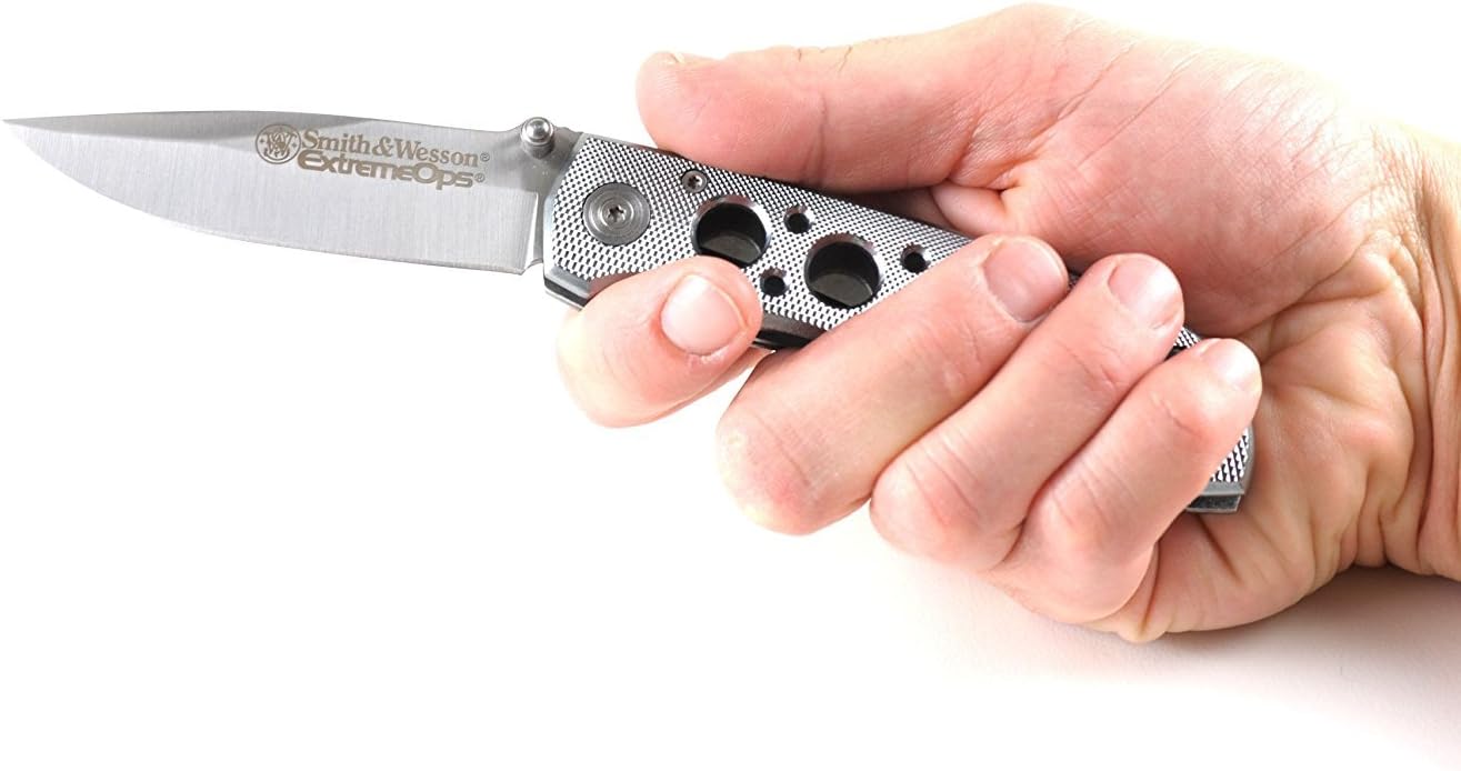 Smith & Wesson Extreme Ops CK105H 7.3in S.S. Folding Knife with 3.2in Drop Point Blade and Aluminum Handle for Outdoor, Tactical, Survival and EDC