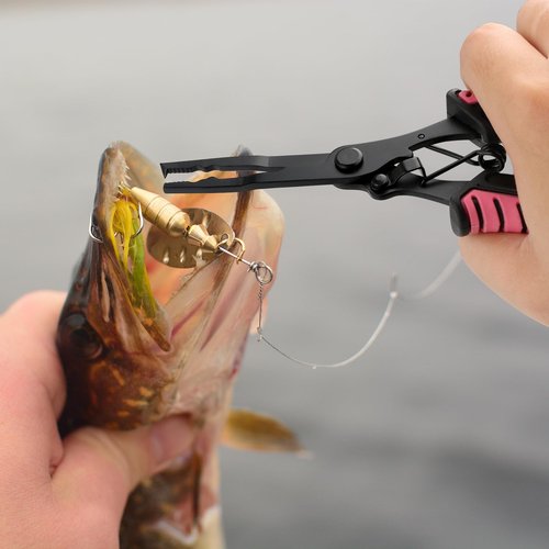 mouhike Fishing Pliers Fish Lip Gripper Fishing Tool Kit Muti-Function Saltwater Fishing Line Cutter Hook Remover with Sheath Lanyard, Fly Ice Fishing Gear Fishing Gifts for Men Women (Pink & Black)