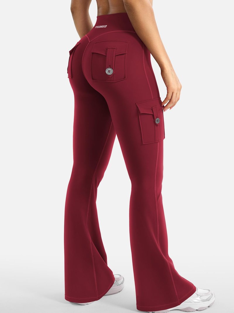 YEOREO CoreFlex Women Workout Flare Leggings with Pockets Hidden Scrunch Cargo Gym Yoga No Front Seam Leggings Wine L