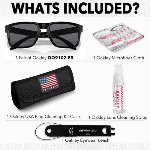 Oakley OO9102 HOLBROOK Square Sunglasses for Men - High Bridge Fit - USA Flag Cleaning Kit and Leash - PREMIUM BUNDLE, (E5) Matte Black/Gray | 57mm