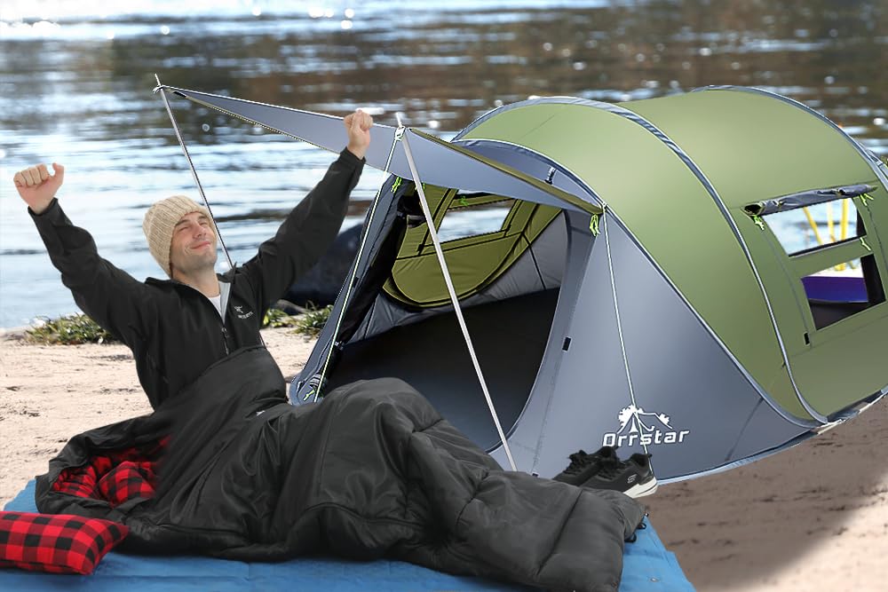 Orrstar Pop Up Tents for Camping 4 Person Waterproof Pop Up Tent Easy Up Setup Camping Tent 4 People 2 Big Doors Instant Tent Family Tent Popup-4P-4Z-Green