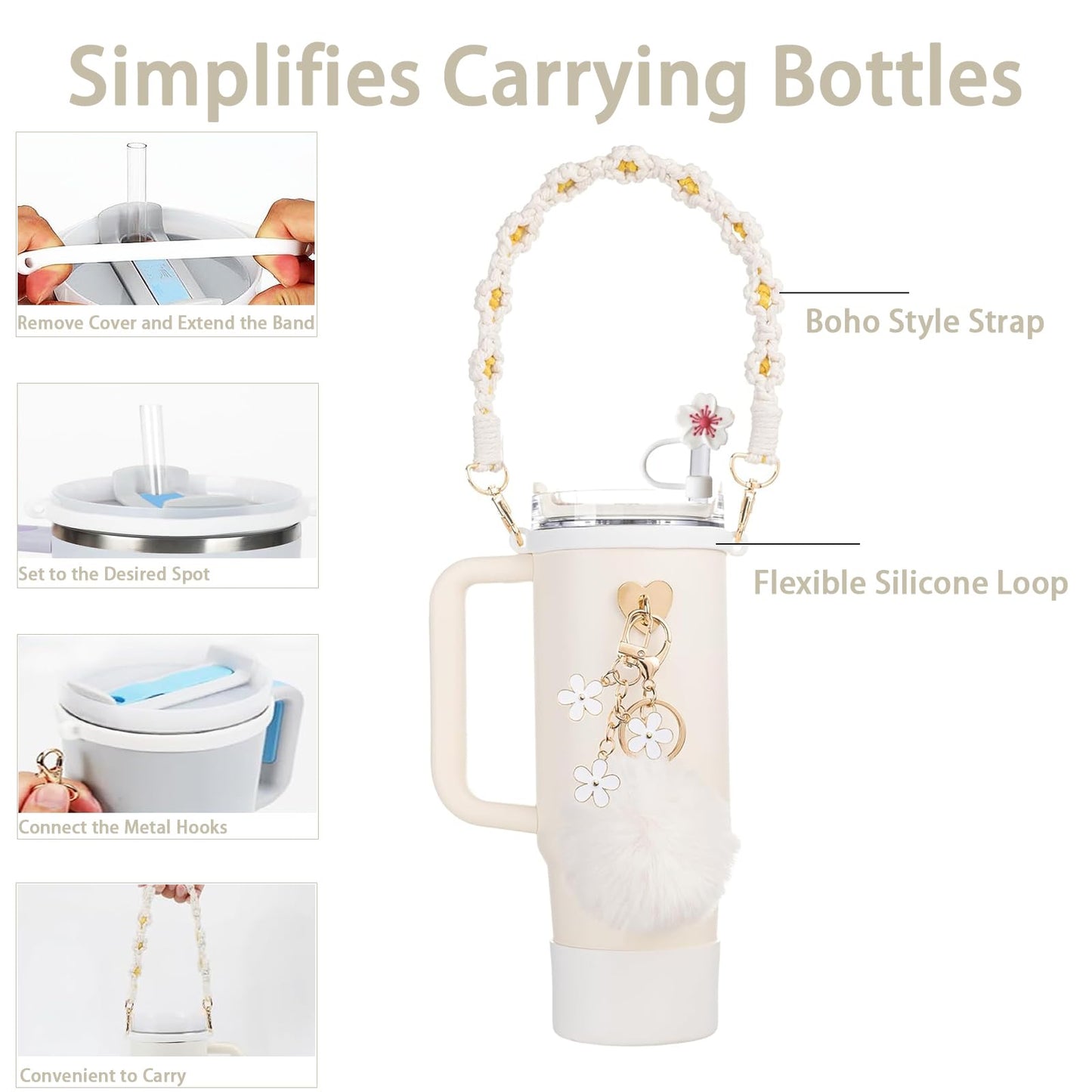 Lapoo Stanley Cup Accessories 7 Sets - Woven Water Bottle Handle Strap, Silicone Stanley Cup Boot, Cat Claw Stanley Straw Cover, Stanley Charms - Ideal for Stanley Cup 40oz & 30oz Tumbler (White)