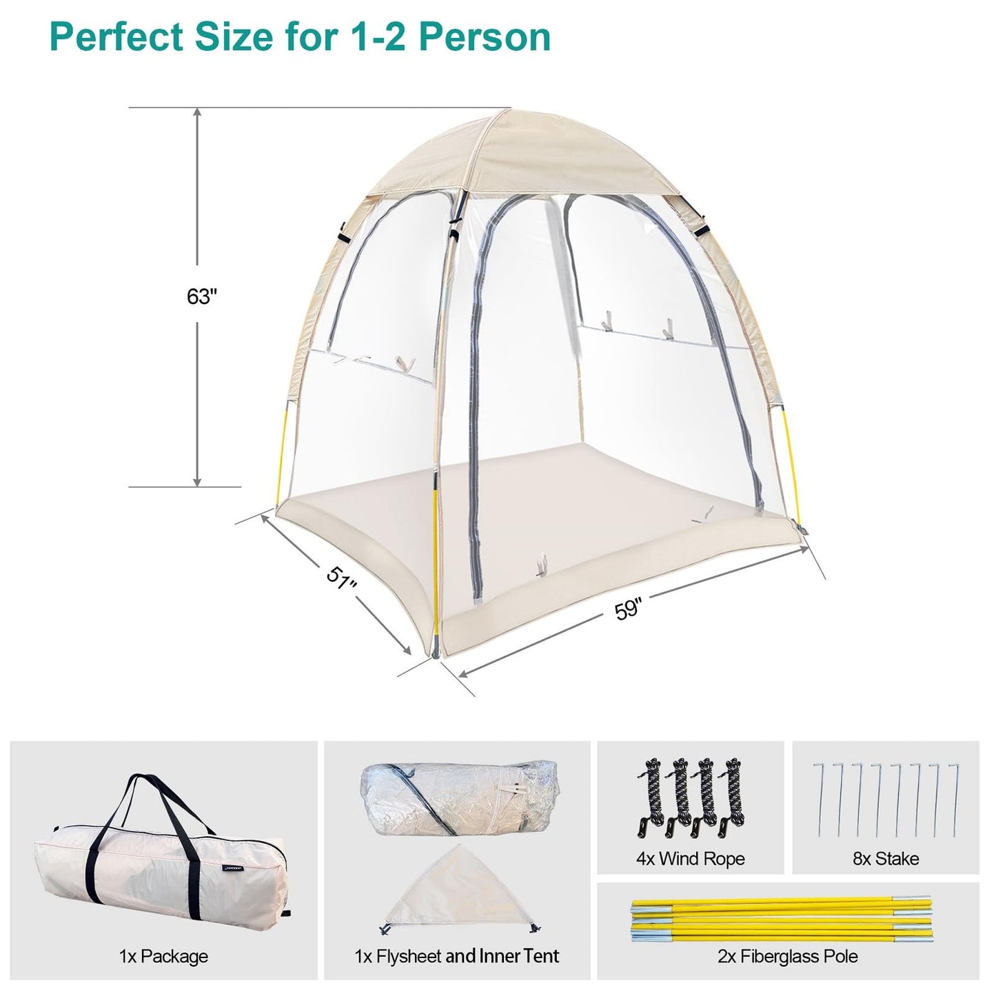 Joramoy Sport Tent with Removeable Top Cover, Portable All Weather Sheleter with Sealed Floor, Rainproof Windproof Clear Bubble Tent for Wathching Sports Event, Camping, Hiking, Fishing๏ผ1-2 Person๏ผ