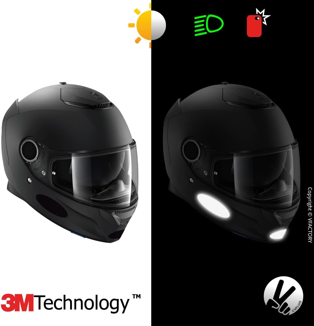 VFLUO - Kit 4 Retro Reflective Oval Stripes Stickers for Mortorcyle Helmet - Stickers Approved to FR Dimension - High Visibility, 3M Technology™ - Discreet and Design - Maximum Grip